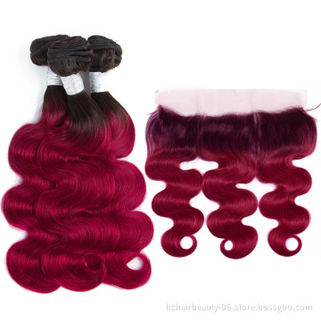 1B/Burgundy Ombre Body Wave Bundles With Frontal Closure 2 Tone Non Remy Brazilian Hair Weave Colored 3 Bundles With Frontal